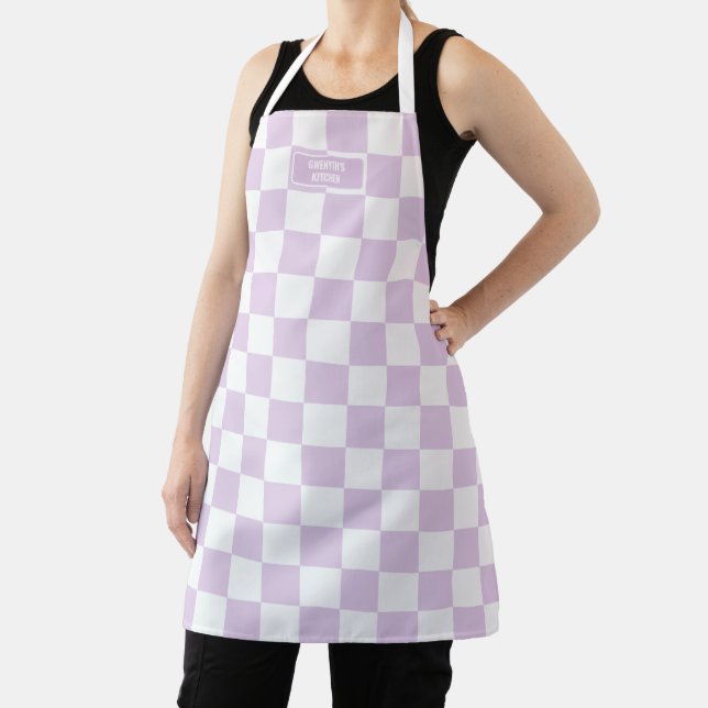 Personalised Chequered Sugar Plum Lavender Purple Apron (Insitu)
