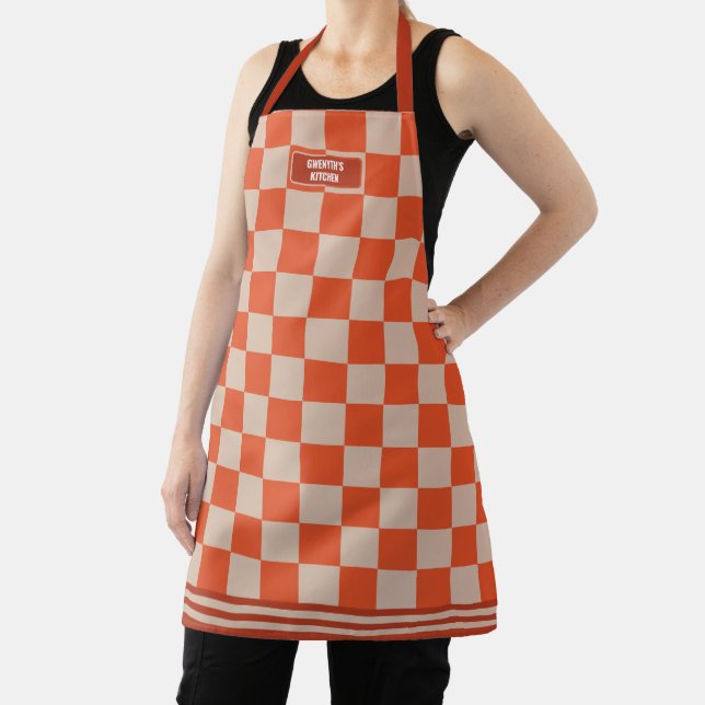 Personalised Chequered Terracotta Tangerine Modern Apron (Insitu)
