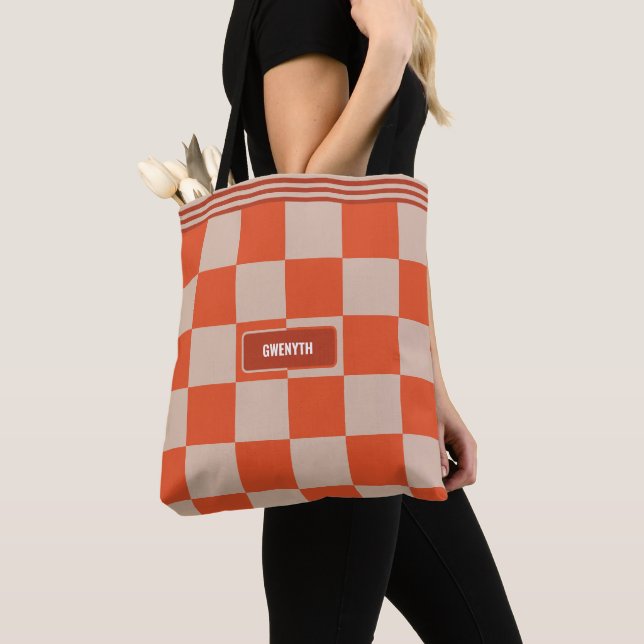 Personalised Chequered Terracotta Tangerine Modern Tote Bag (Close Up)