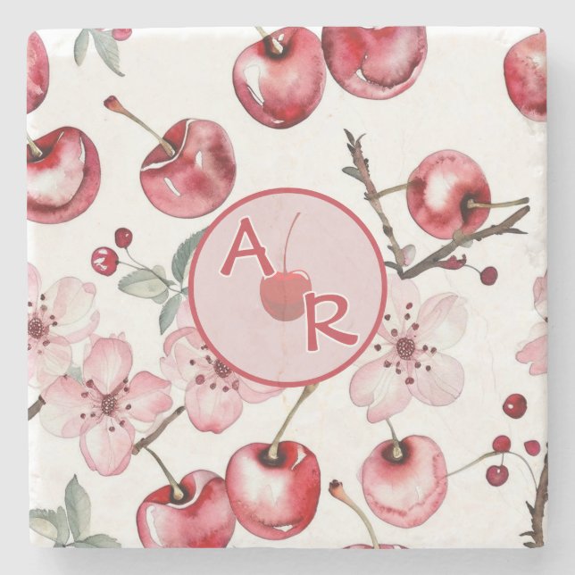Personalised Cherry Blossom and Monogram Stone Coaster (Front)