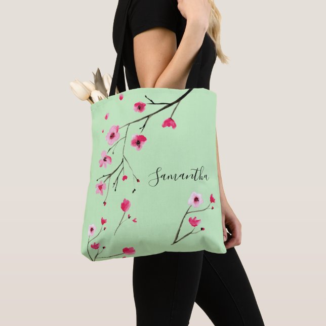 Personalised | Cherry Blossom | Black Tote Bag (Close Up)