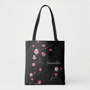 Personalised Cherry Blossom Black Tote Bag