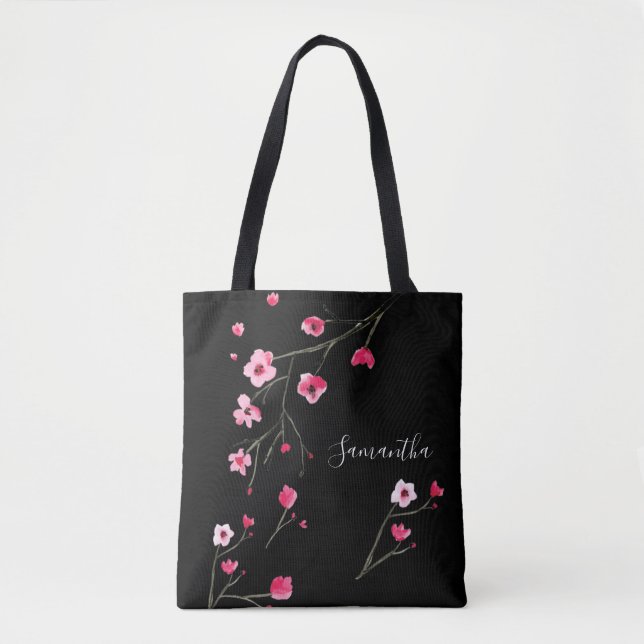 Personalised Cherry Blossom Black Tote Bag (Front)