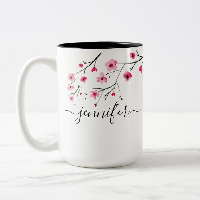 Personalised Cherry Blossom Bridal Party wedding Two-Tone Coffee Mug (Left)