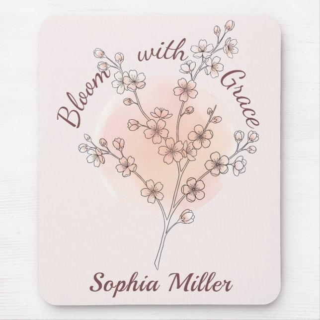 Personalised Cherry Blossom Custom Name Floral Mouse Mat (Front)