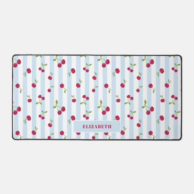 Personalised Cherry Blue Stripes Retro Cute Desk Mat (Front)