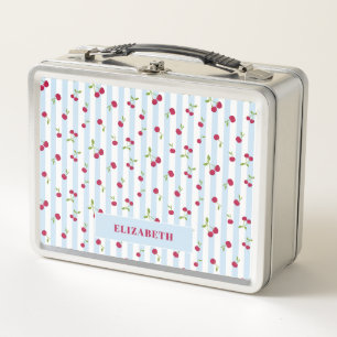 Personalised Cherry Blue Stripes Retro Cute Metal Lunch Box