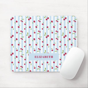Personalised Cherry Blue Stripes Retro Cute Mouse Mat