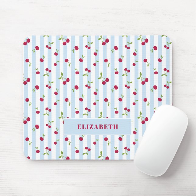 Personalised Cherry Blue Stripes Retro Cute Mouse Mat (With Mouse)