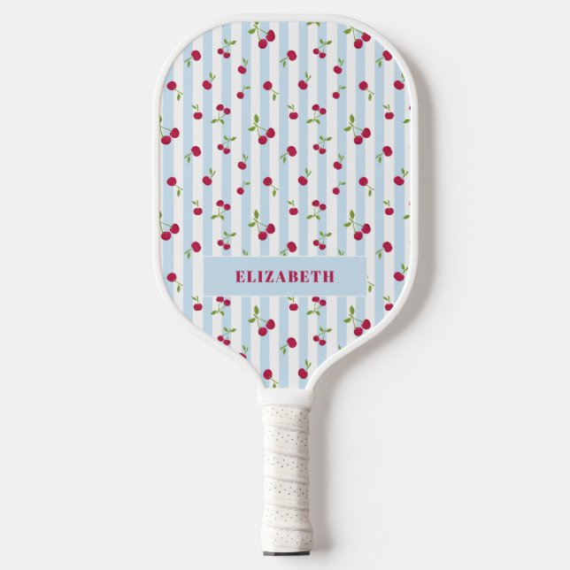 Personalised Cherry Blue Stripes Retro Cute Pickleball Paddle (Front)