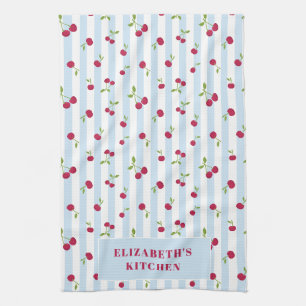 Personalised Cherry Blue Stripes Retro Cute Preppy Tea Towel