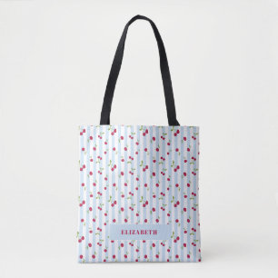 Personalised Cherry Blue Stripes Retro Cute Tote Bag