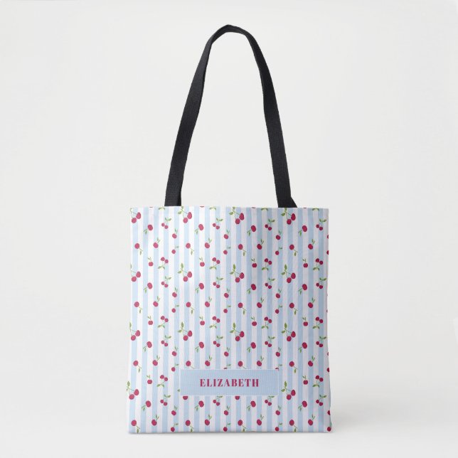 Personalised Cherry Blue Stripes Retro Cute Tote Bag (Front)