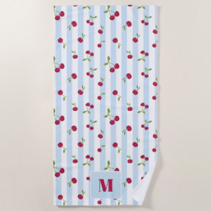 Personalised Cherry Blue Stripes Retro Monogram Beach Towel