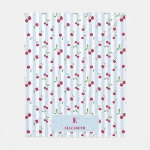 Personalised Cherry Blue Stripes Retro Monogram Fleece Blanket