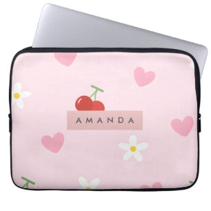 Personalised Cherry, Daisy & Pink Heart Pattern  Laptop Sleeve