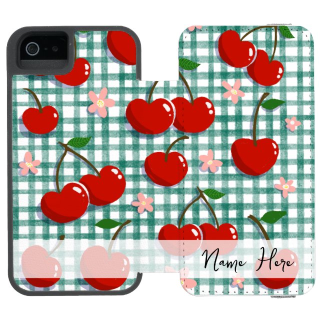 Personalised Cherry on Green Gingham Phone Case –  Incipio iPhone Wallet Case (Folio Open)