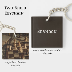 Personalised Chess Board Photo Minimal Men's Name Key Ring