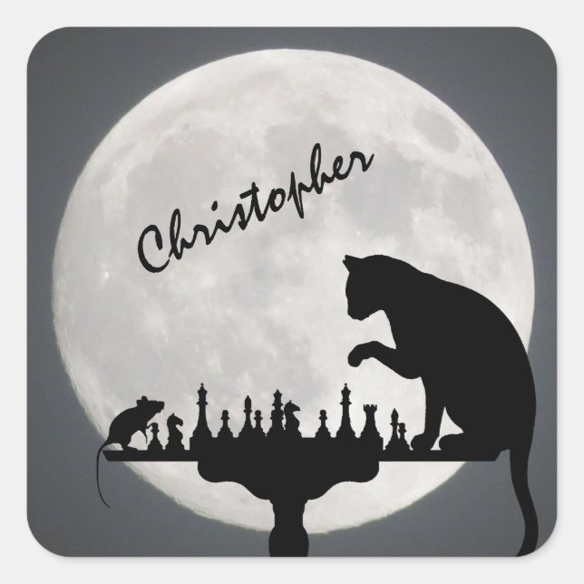 Personalised Chess Full Moon Cat and Mouse Game Square Sticker (Front)