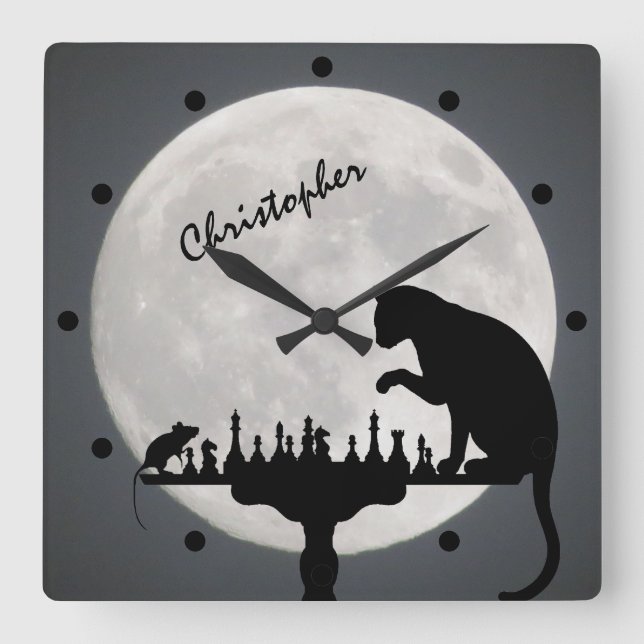 Personalised Chess Full Moon Cat and Mouse Game Square Wall Clock (Front)