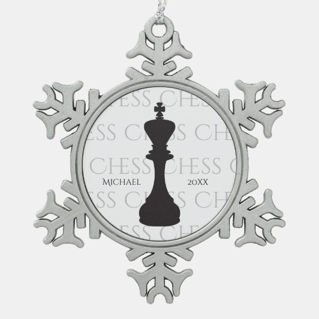 Personalised Chess King Classic Piece Modern Snowflake Pewter Christmas Ornament (Front)