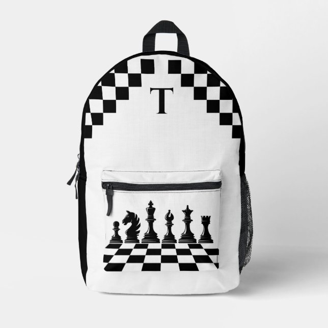 Personalised chess lovers black and white printed backpack (Front)