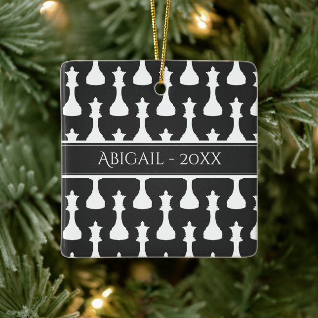 Personalised Chess Queen Black, White Christmas Ceramic Ornament (Tree)