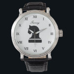 Personalised chess watch gift for adults and kids<br><div class="desc">Personalised chess watch gift for adults and kids. Roman numerals with stylish script typography and knight chess piece icon. Classy black leather band. Chic black and white horse logo with custom name or quote. Unique Birthday gift idea for chess lovers, teacher, student, children ( boy or girl) etc. Board game...</div>