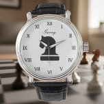 Personalised chess watch gift for adults and kids<br><div class="desc">Personalised chess watch gift for adults and kids. Roman numerals with stylish script typography and knight chess piece icon. Classy black leather band. Chic black and white horse logo with custom name or quote. Unique Birthday gift idea for chess lovers, teacher, student, children ( boy or girl) etc. Board game...</div>