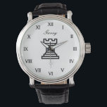 Personalised chess watch gift with the rook symbol<br><div class="desc">Personalised chess watch gift with the rook symbol. Roman numerals with stylish script typography and rook piece icon. Classy black leather band. Chic black and white logo with custom name or quote. Unique Birthday gift idea for chess lovers, teacher, student, kids ( boy or girl) etc. Also great as Fathers...</div>