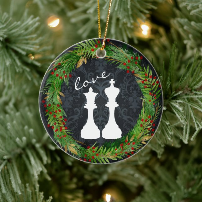 Personalised Chess White King, Queen Couple Love Ceramic Tree Decoration (Tree)