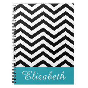 Personalised Chevron Black White Teal Monogram Notebook