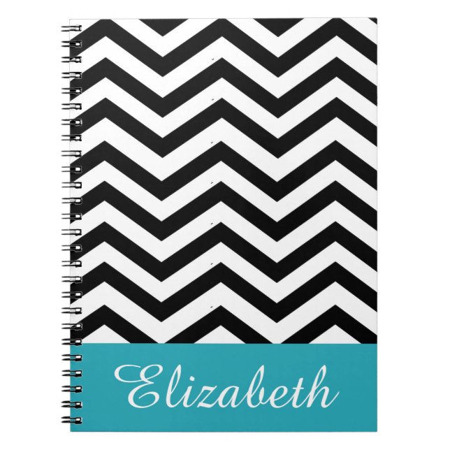 Personalised Chevron Black White Teal Monogram Notebook (Front)