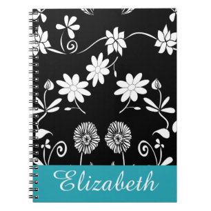 Personalised Chevron Floral Black White Monogram Notebook