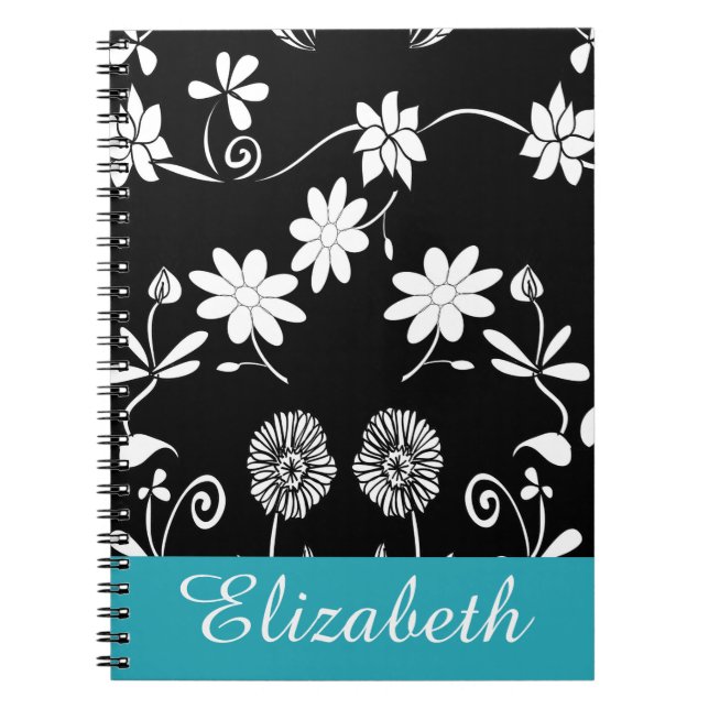 Personalised Chevron Floral Black White Monogram Notebook (Front)