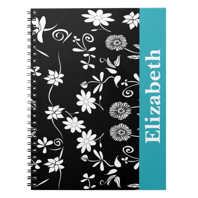 Personalised Chevron Floral Black White Monogram Notebook (Front)