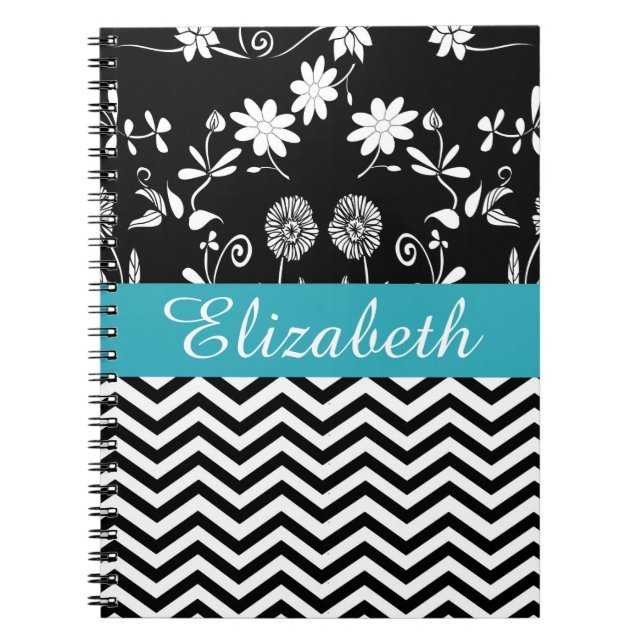 Personalised Chevron Floral Black White Monogram Notebook (Front)