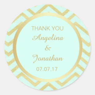 Personalised Chevron Mint Green Gold Foil Wedding Classic Round Sticker