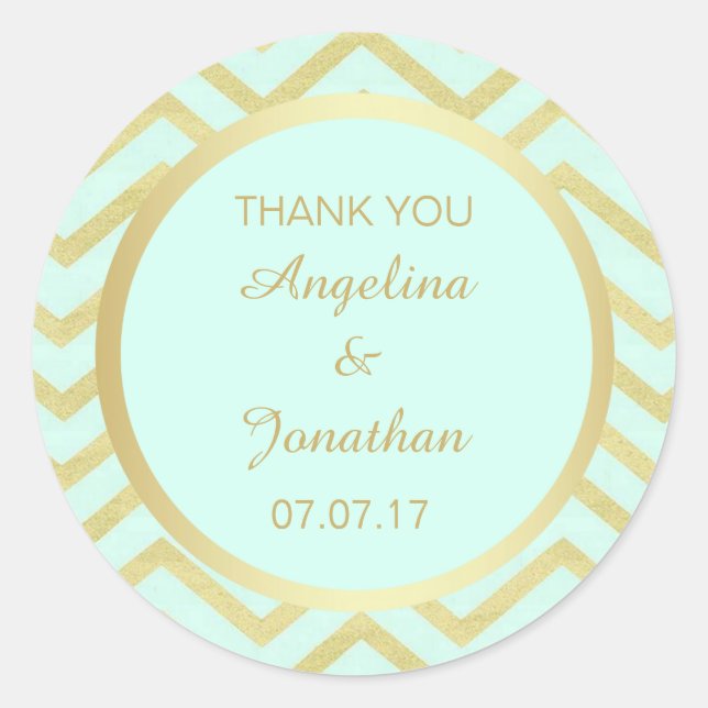 Personalised Chevron Mint Green Gold Foil Wedding Classic Round Sticker (Front)