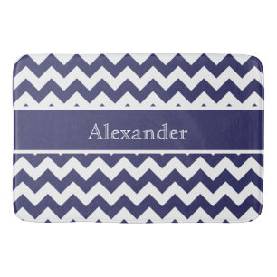 Personalised Chevron Navy Blue White background Bath Mat