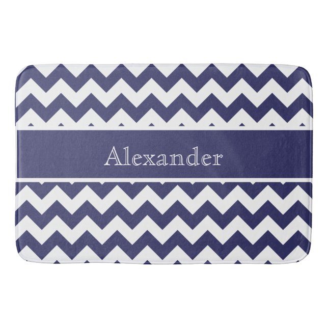 Personalised Chevron Navy Blue White background Bath Mat (Front)