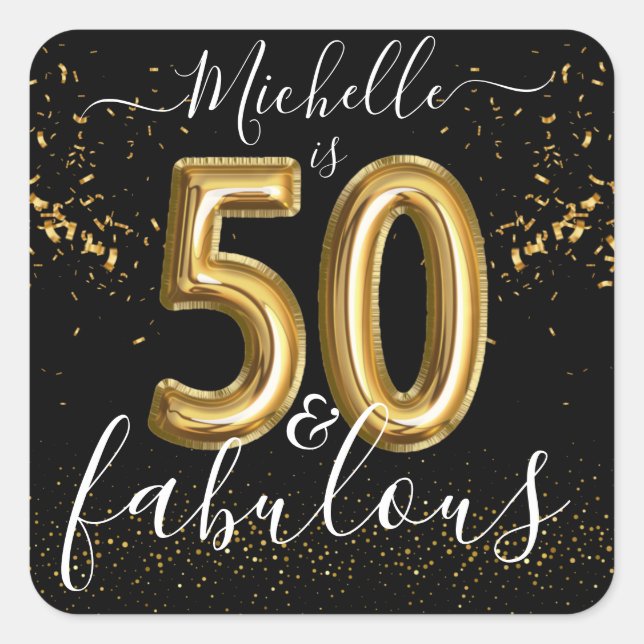 Personalised Chic 50th Birthday Party Black Gold  Square Sticker (Front)