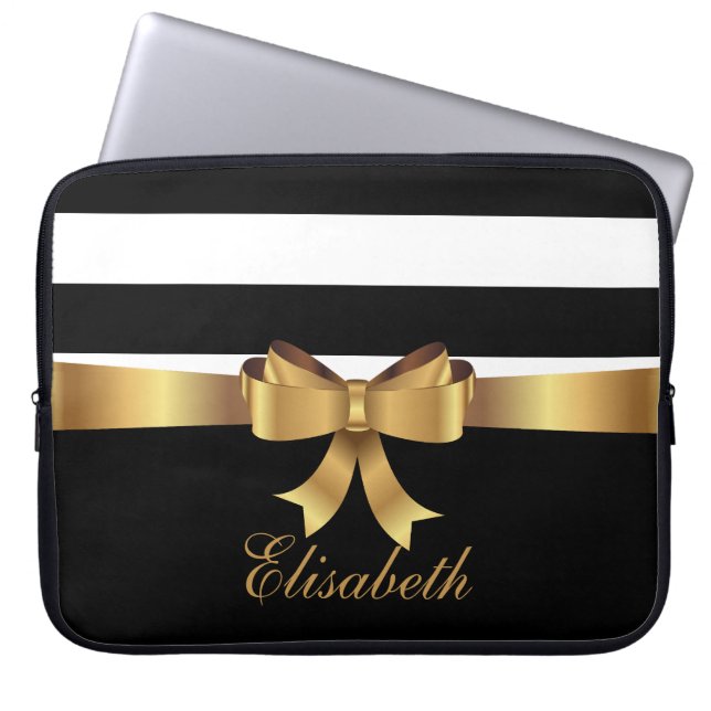 Personalised Chic Black Bold Stripes Gold BOW Laptop Sleeve (Front)