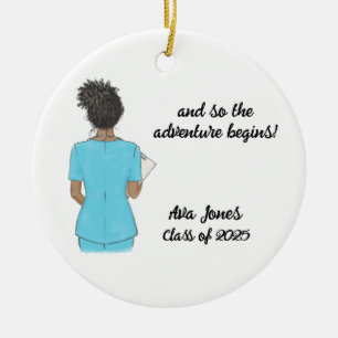 Personalised Chic Black Woman Graduation Nurse Ceramic Tree Decoration