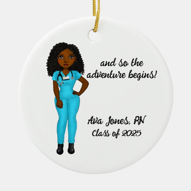 Personalised Chic Black Woman Nursing Graduation Ceramic Tree Decoration (Front)