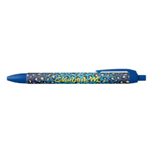 Personalised Chic Blue Leopard Print Black Ink Pen