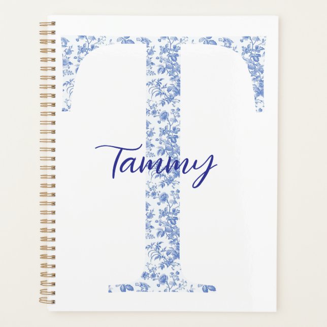 Personalised Chic Blue Toile Monogram Notebook Planner (Front)