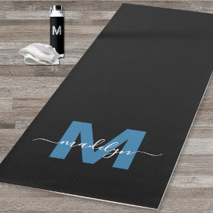 Personalised Chic Calligraphy Name Monogram Blue Yoga Mat