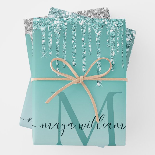 Personalised Chic Dusty Blue Glitter Drips Glam Wrapping Paper Sheet (In situ)