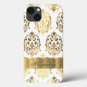 Personalised chic elegant gold and white damask iPhone 13 case